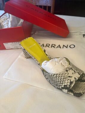 Caparros Snake-Print Block Heel Mules with Yellow Insole